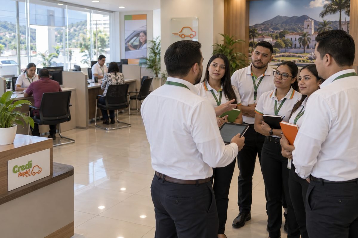 Equipo comercial en sucursal de credito durante junta operativa